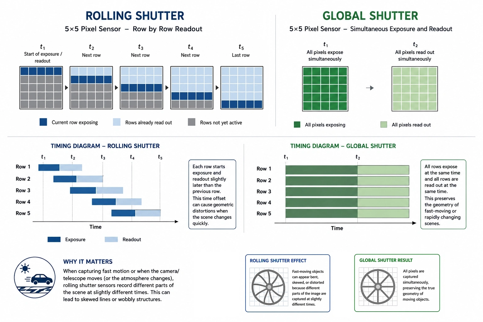 Rolling-Shutter-Verfahren vs. Global-Shutter-Verfahren: Global-Shutter-Sensoren erfassen alle Pixel gleichzeitig. Dadurch bleibt die Bildgeometrie auch bei Bewegungen oder atmosphärischen Turbulenzen konsistenter.