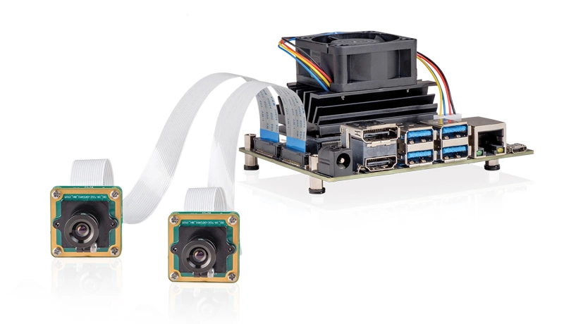 Two-camera development kit with the NVIDIA Jetson Nano (MIPI CSI-2 interface) and added active cooling to prevent thermal throttling.