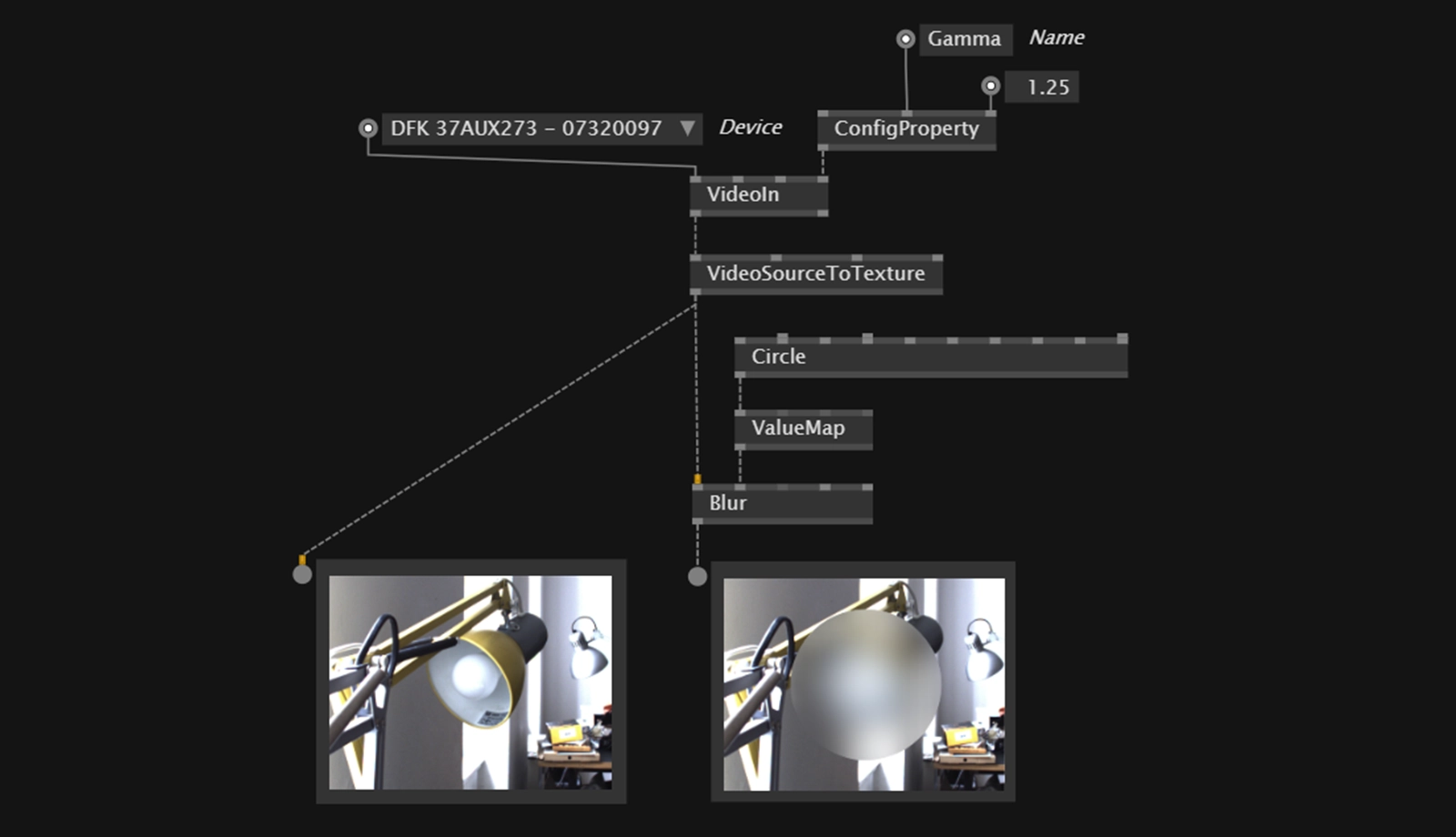 Screen capture of the vvvv environment's integration with The Imaging Source's DFK 37AUX273 industrial camera