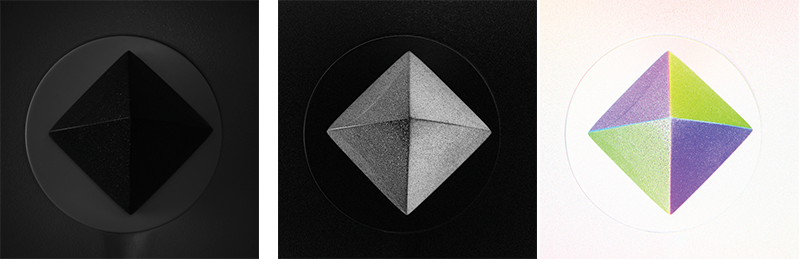 Standard intensity image of black granite pyramid shows low contrast (left). DoLP processing of the polarization data (middle) adds contrast; AoLP processing of the polarization data with HSV color mapping (right) from DZK 33UX250 adds additional image information which can be used for effective segmentation.