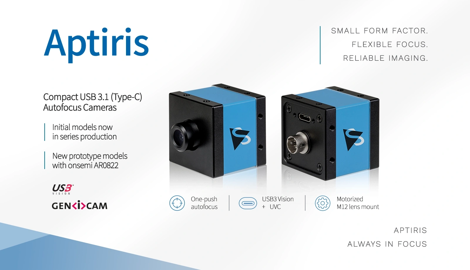 Aptiris USB 3.1 autofocus cameras are now in series production, with new 8.3 MP AR0822 models added to the series.