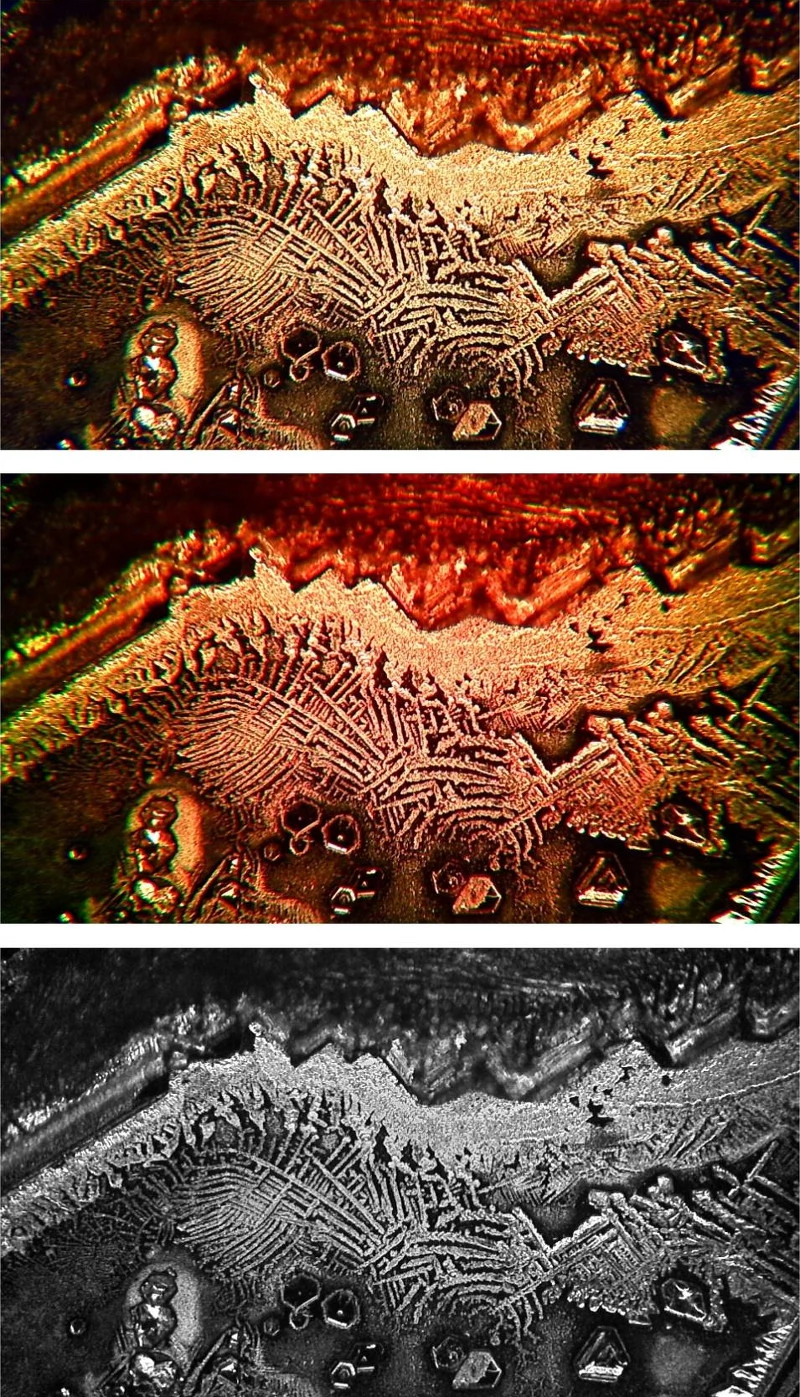 图 14：相机搭载 30mm Carl Zeiss Jena大孔径摄像管的Meiji目镜，Leitz 平场扫描物镜 Pl Fl 4/0.15，没有盖玻片的明矾晶体，暗场，未经过滤的卤素灯（上图），'minusviolet' 滤镜（Baader Semi-Apo-Filter，中图），单色绿色滤镜540nm（Baader Solar-Continuum-Filter，下图），对焦采用 One-Push autofocus。