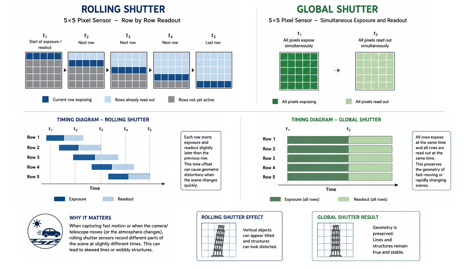 Rolling-Shutter-Verfahren vs. Global-Shutter-Verfahren: Global-Shutter-Sensoren erfassen alle Pixel gleichzeitig. Dadurch bleibt die Bildgeometrie auch bei Bewegungen oder atmosphärischen Turbulenzen konsistenter.