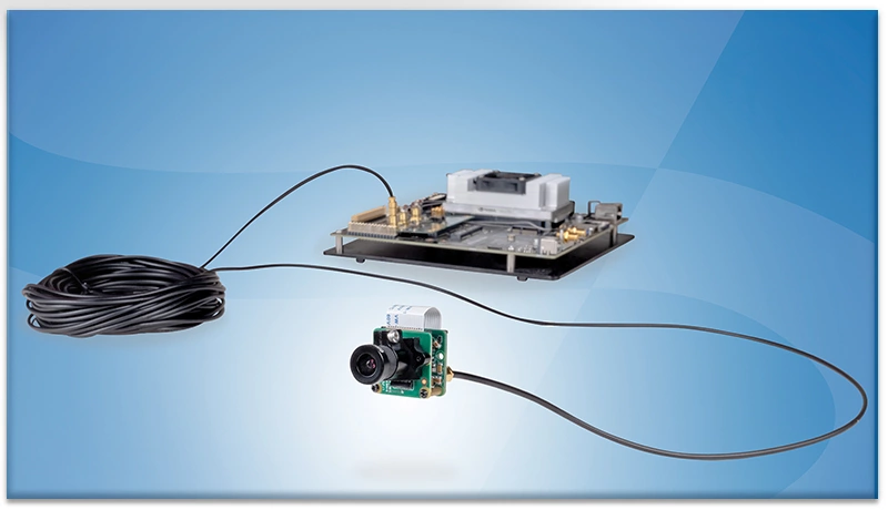 The MIPI/CSI-2 module including serializer is connected to the embedded system (here: NVIDIA Jetson) via FPD-Link III with up to 15 m cable length.