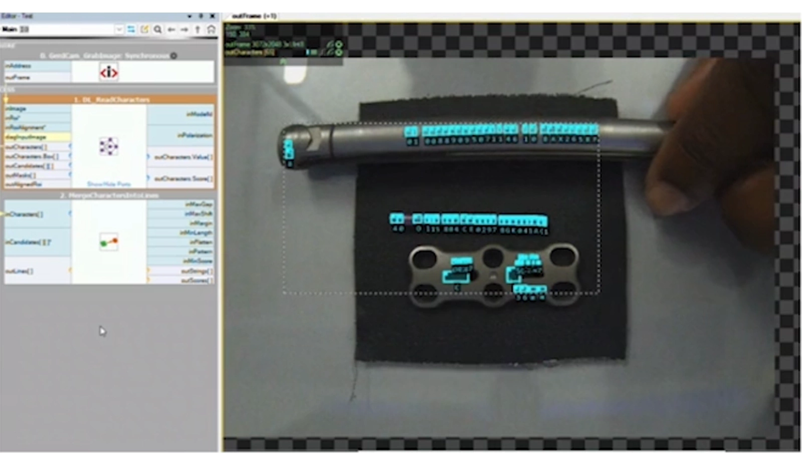 OCR analysis in Zebra Aurora Vision Studio showing character localization from the TIS DFK 33UX178 camera and Theia ML610M lens at a 9-inch working distance.