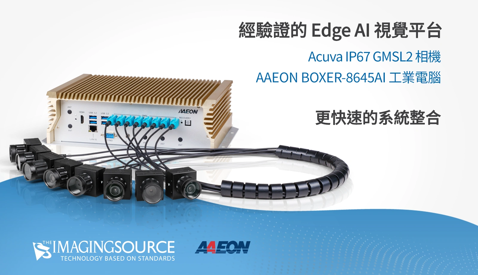 經驗證的硬體平台結合 The Imaging Source Acuva IP67 GMSL2 相機與 AAEON BOXER-8645AI 強固型 AI 工業電腦,適用於嚴苛環境下的 Edge AI 視覺應用。