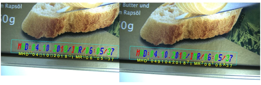 Fig. 2 (above, left): Classification via rejection-class-trained classifier and character set A-Z 0-9: symbols like colon, point and slash are classified as rejected. Fig. 3 (above, right): Classification via classifier without rejection class and character set A-Z 0-9: symbols are classified as any other symbol with highest confidence even if this confidence is very low.