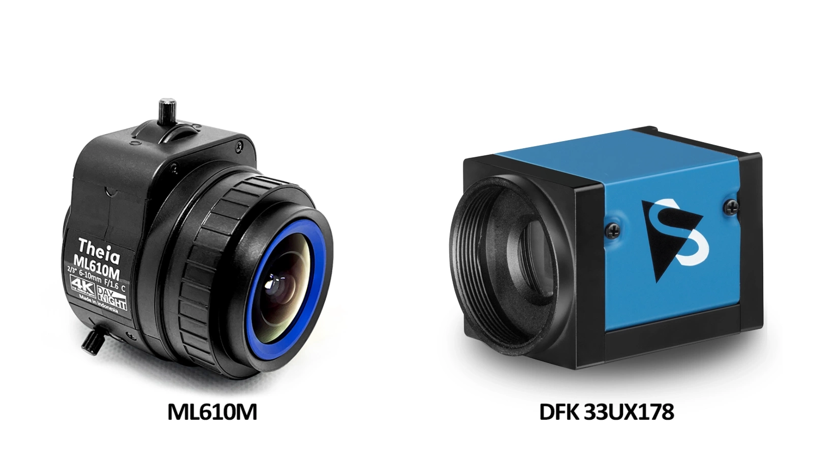 The Imaging Source DFK 33UX178 industrial camera paired with Theia ML610M varifocal 4K lens used in the deep learning OCR setup.