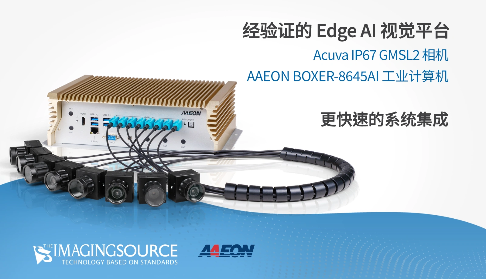 经验证的硬件平台结合 The Imaging Source Acuva IP67 GMSL2 相机与 AAEON BOXER-8645AI 强固型 AI 工业计算机,适用于严苛环境下的 Edge AI 视觉应用。