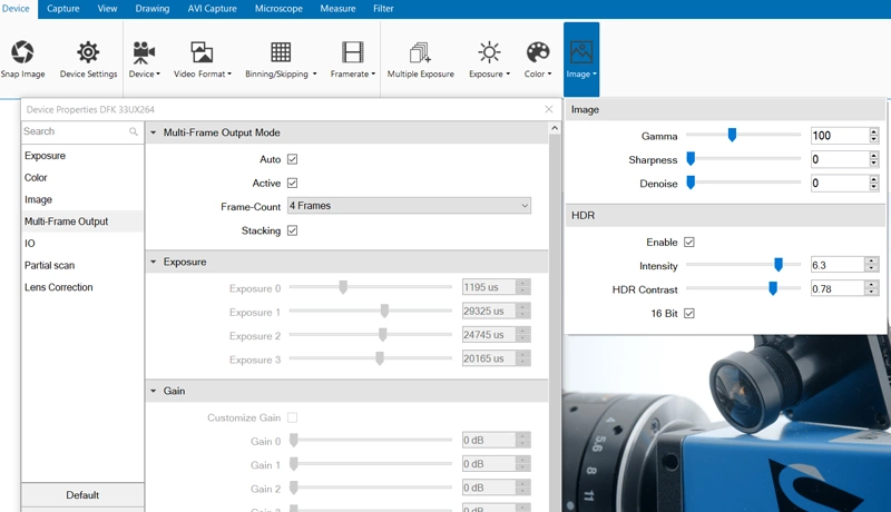 Fig. 3: The Imaging Source's end-user software IC Measure supports native (sensor dependent) exposure series and the visualization of HDR images via tone mapping.