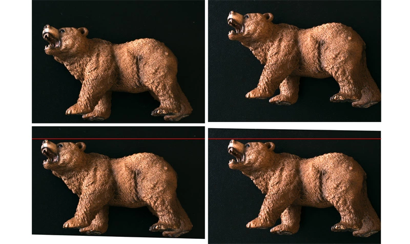 Above: original image pair from The Imaging Source's stereo vision system. Below: rectified image pair. For a point in the reference image (below, left), a corresponding point need only be searched for along the same image line in the target image (shown lower right as a red line for demonstration purposes).