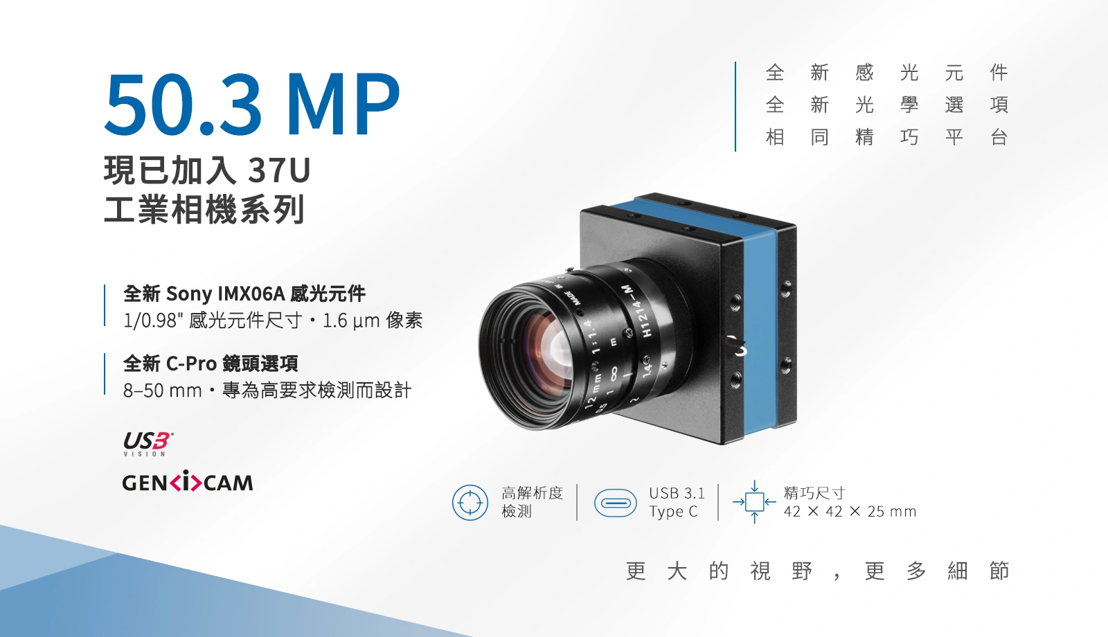 全新的 50.3 MP 37U 工業相機機型結合 Sony IMX06A 感光元件、精巧型 USB 3.1 Type-C 平台,以及全新的 C-Pro 鏡頭選項。