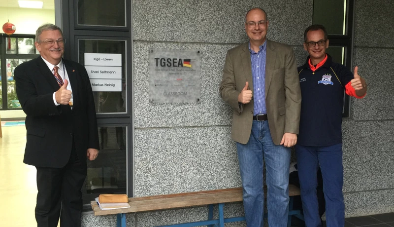 Outside the newly furnished and equipped classroom at the Taipei European School
